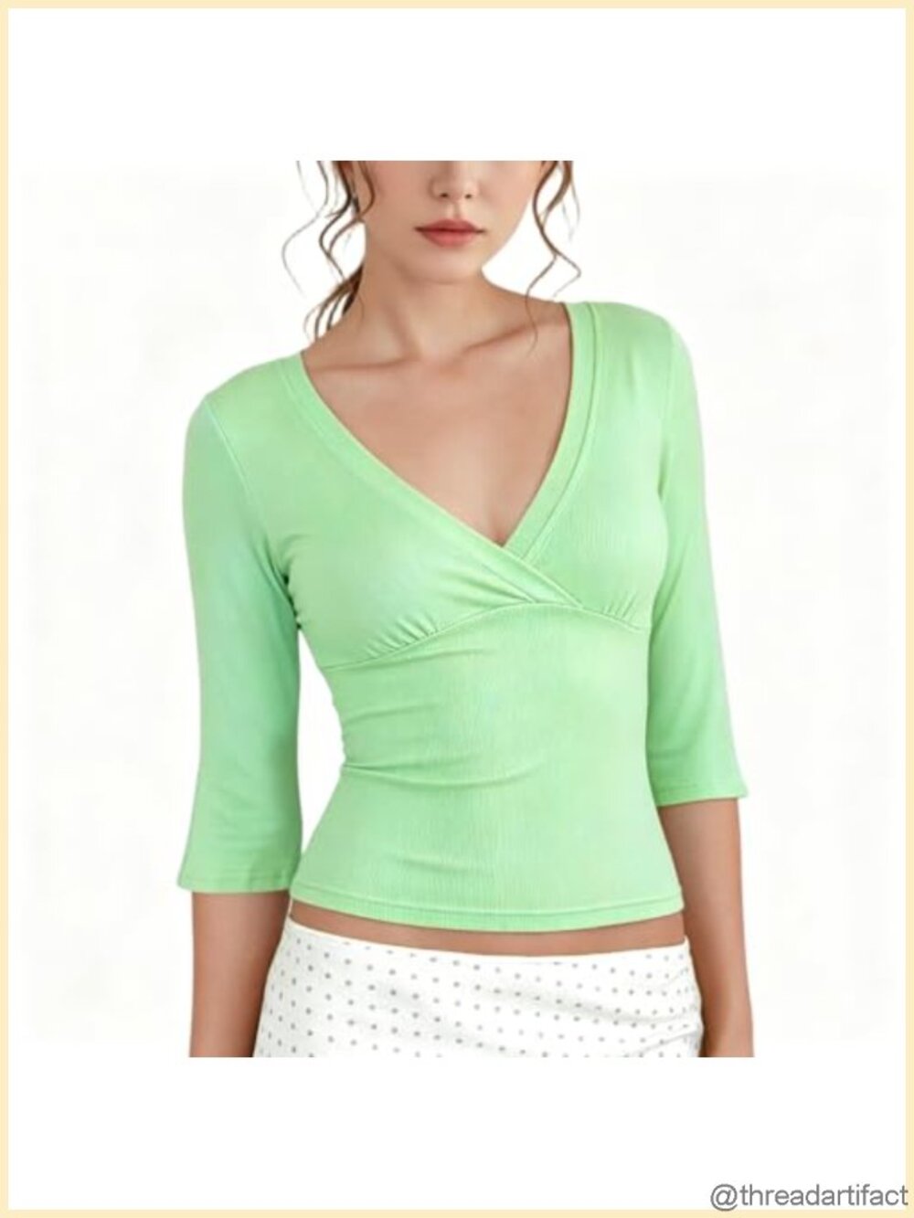 YUSAI Women 3/4 Sleeve Wrap Tee V Neck Fitted Blouse Cotton Blend Crop Top
